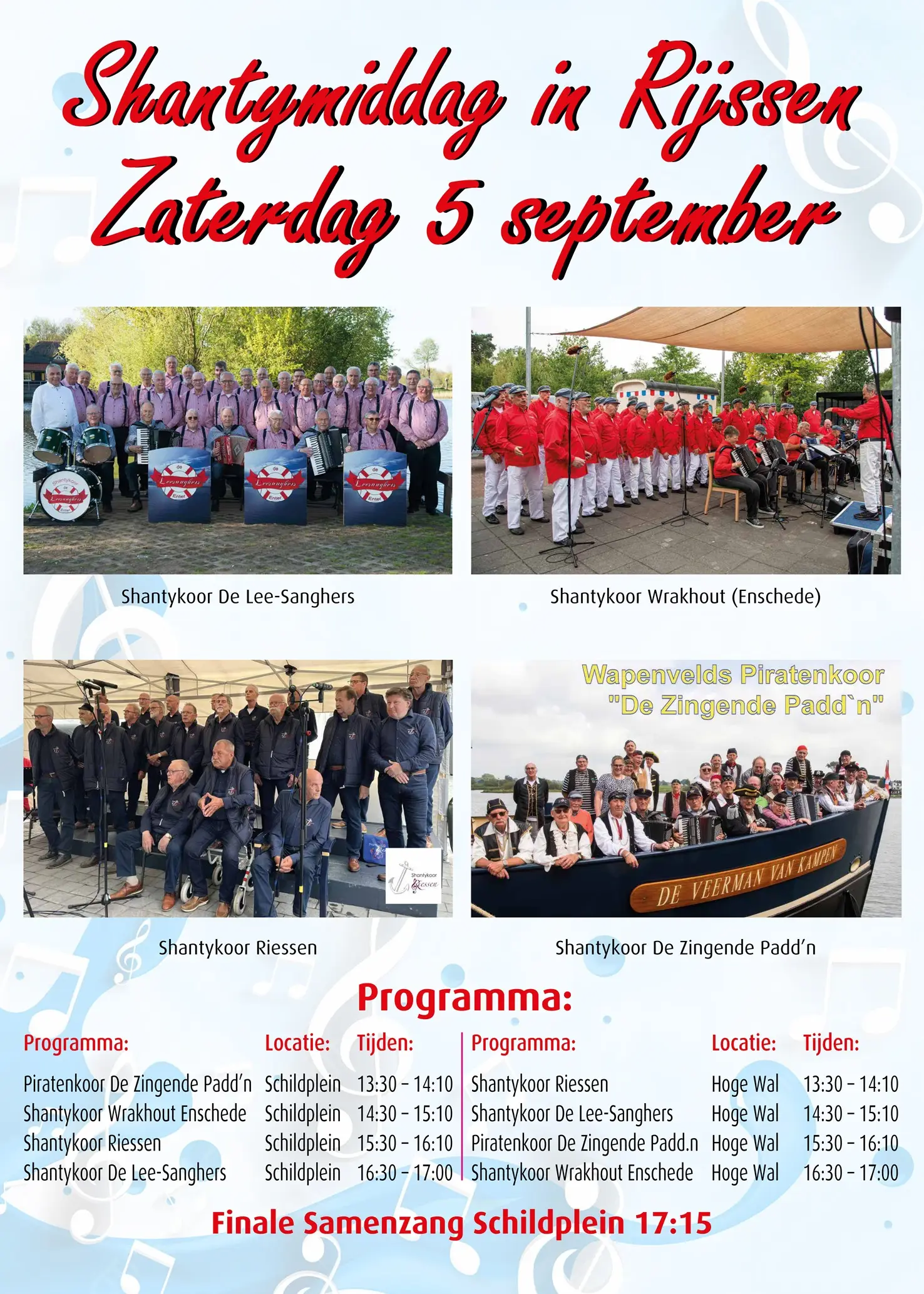 Poster van de Shantymiddag in Rijssen op zaterdag 5 september, met de vier deelnemende koren en het tijdschema